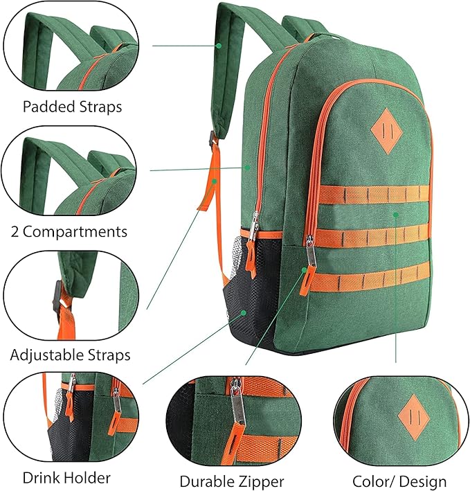12-Pack 19” Sport Backpacks with 18 Piece School Supplies Kits - Pens, Pencils, Crayons – Bulk Bundle for Elementary, Middle, and High School Students, 4 Assorted Styles