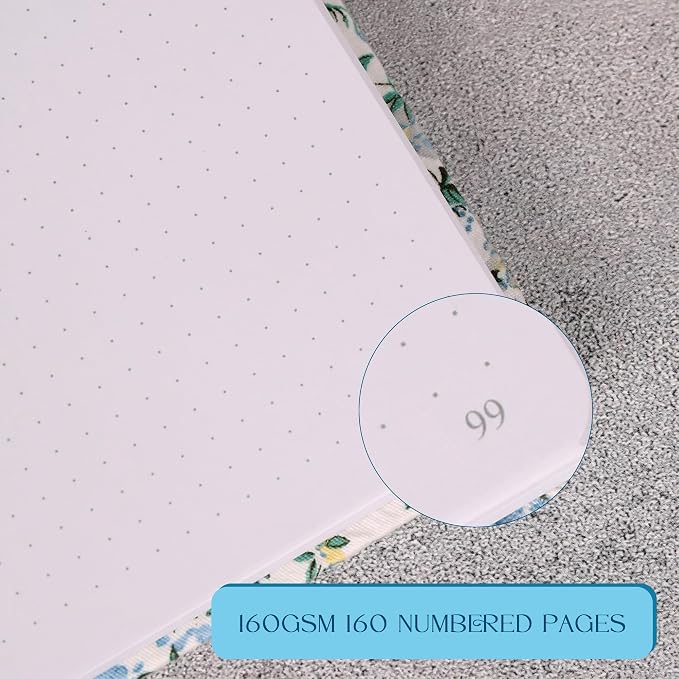 TIEFOSSI Dotted Journal Notebook, Dot Grid Notebook for Women Men, Fabric Flower Journal, 160 GSM Thick Paper, 160 Numbered Pages, 8 x 8 Square Diary