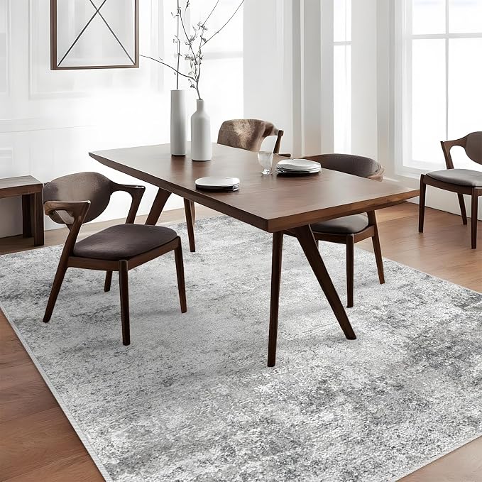 Washable 5x7 Abstract Area Rug - Modern Non Slip Stain Resistant Area Rugs for Living Room Bedroom Nursery - Neutral Thin Low-Pile Indoor Carpet Soft Floor Mat for Boho Room Decor (5X7 Grey)