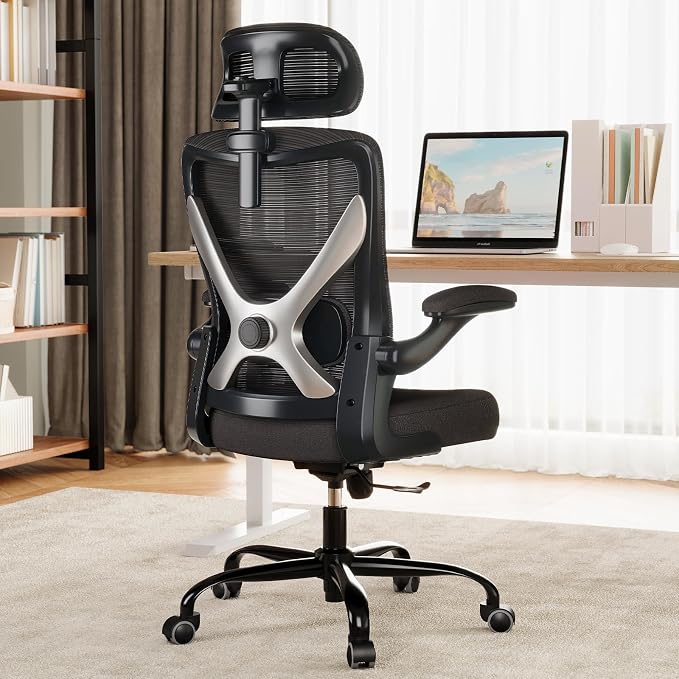 Ergonomic Office Chair: Mesh Desk Chair Comfy with Headrest& Lumbar Support | Ergalithic Big and Tall Office Chairs with Wheels & Flip-Up Arms-Computer Gaming Chairs for Adults (Black-Pack of 6)