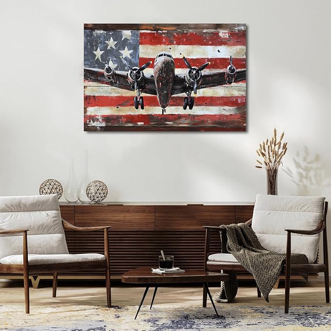 Vintage American Flag Airplane Wall Art Old Engine Aircraft Pictures for Living Room Retro Propeller Wall Decor Poster Aviation Canvas Prints Modern Artwork Bedroom Office Home Decorations 32x48"