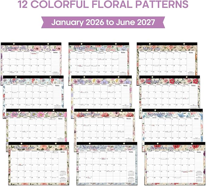 Desk Calendar 2026, 18 Months Calendar Runs from January 2026 to June 2027 - Large 17" x 12" Desktop/Wall Monthly Calendar for Home School, or Office - Vintage Floral