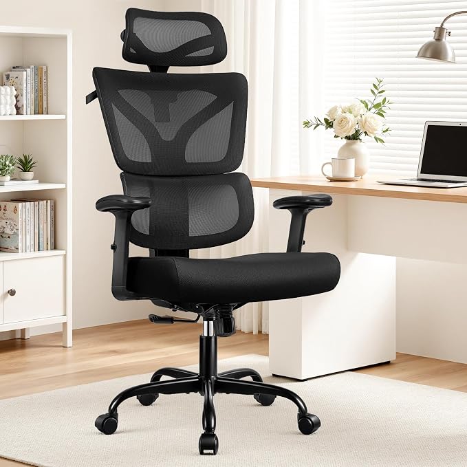 Ergonomic High Back Mesh Office Chair, Lumbar Support (Black) | Smooth 90° to 135° recline for work, read, or rest. Swivel big and tall gaming Chair. Adjustable armrest headrest height.