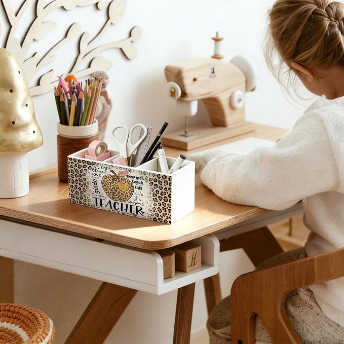 Leopard Print Teacher Wooden Pen Holder for Desk, Teacher Appreciation Gifts for Women, Educator Gifts Pencil Organizer Wooden Box Sign for School Office Classroom Decoration