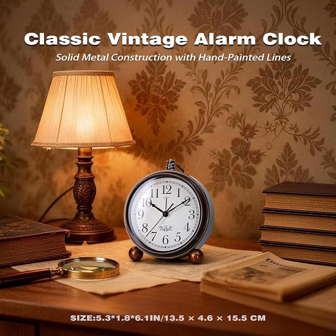 AYRELY® 5.3" Vintage Metal Analog Alarm Clock, Retro Desk and Table Clock | Antique Battery Operated Clock with Light, Elegant Bedside Gift for Bedrooms, Living Rooms, Shellf and Home Decor (Black)
