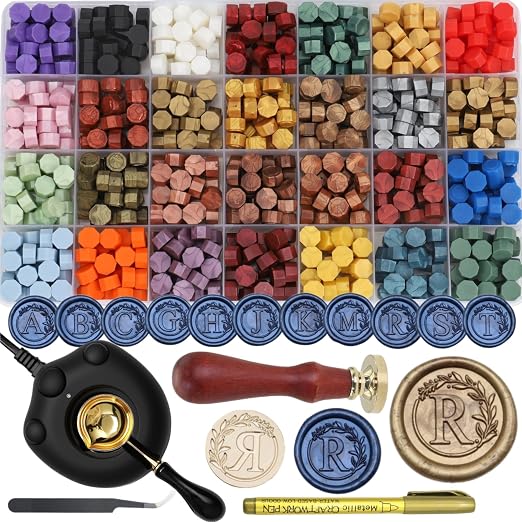 732 Pcs Sealing Wax Stamp Kit with Electric Wax Seal Warmer, Initial Alphabet R Seal Stamp, Waxseal Beads, Spoon, Letter Sealingwax Stamp Kit (R)
