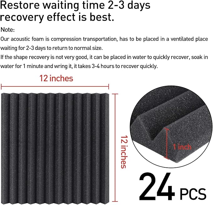 Focusound 24 Pack Acoustic Foam Panels 1" x 12" x 12" Sound Proof Foam Panles Soundproofing Noise Cancelling Wedge Panels for Home Office Recoding Studio with 240PCS Double-Side Adhesive