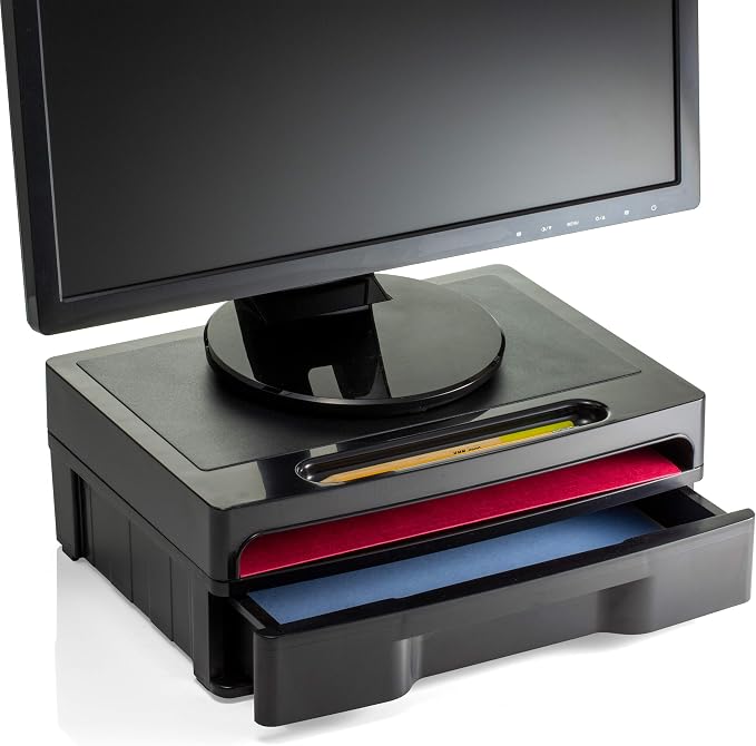 Officemate 2200 Series Monitor Stand with Security Drawer - Executive Monitor Riser and Desk Organizer, 13-1/8" x 9-7/8" x 5", Black