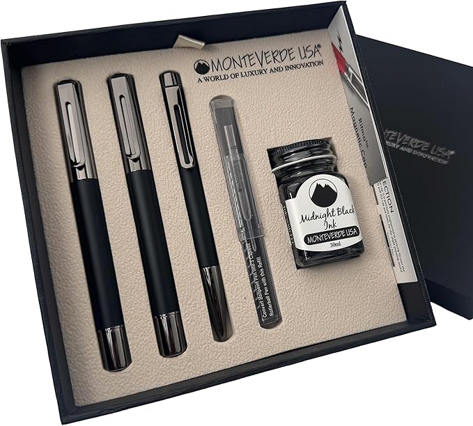 Monteverde Ritma 3+2 Piece Gift Set, Black - Includes Broad Nib Fountain Pen, Rollerball, Ballpoint, 30ml Ink & Refill - Luxury Writing Set for Pen Collectors, Writers & Professionals