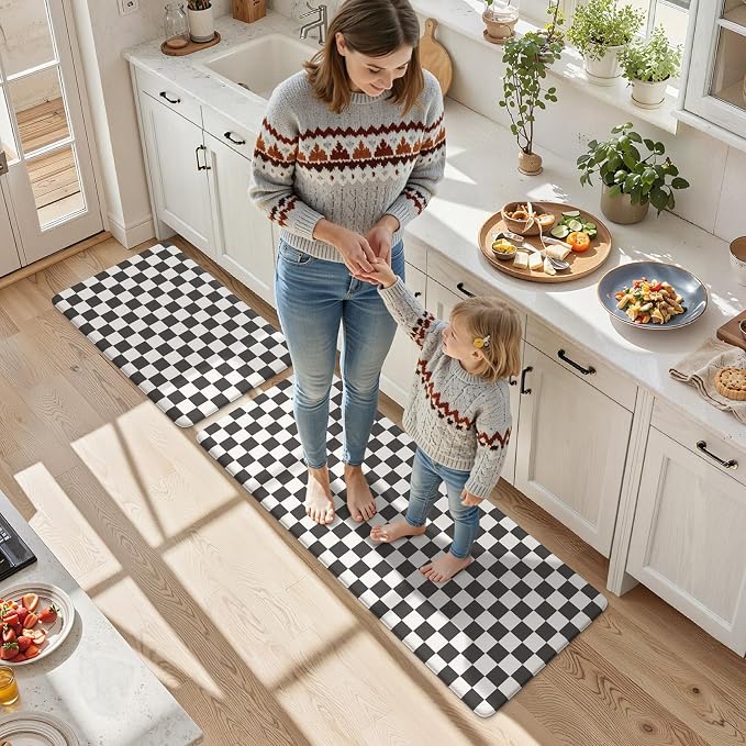 KIMODE Anti Fatigue Kitchen Mat for Floor,Black and White Plaid Kitchen Rug | Farmhouse Kitchen Rugs Sets of 2,Cushioned Kitchen Floor Mats,Non Slip Standing Desk Mat for Sink Laundry 20"x47"+20"x32"