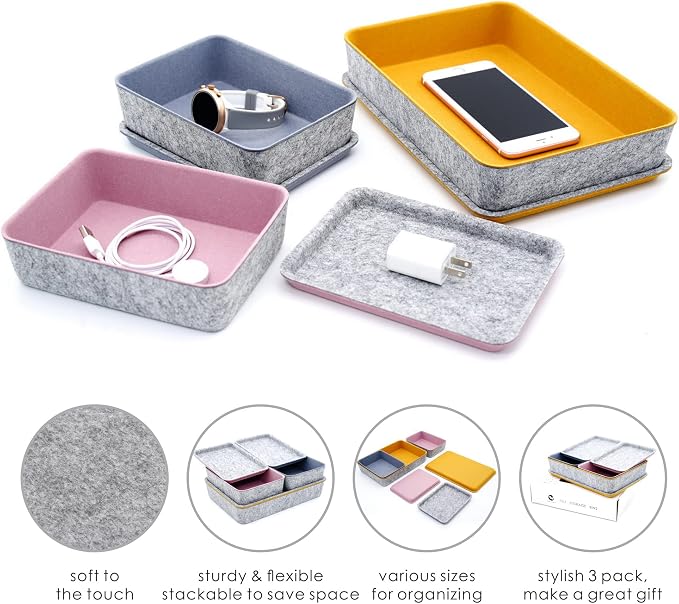 3pc Stackable Lidded Felt Desk Drawer Organizer Multi-Color Bins