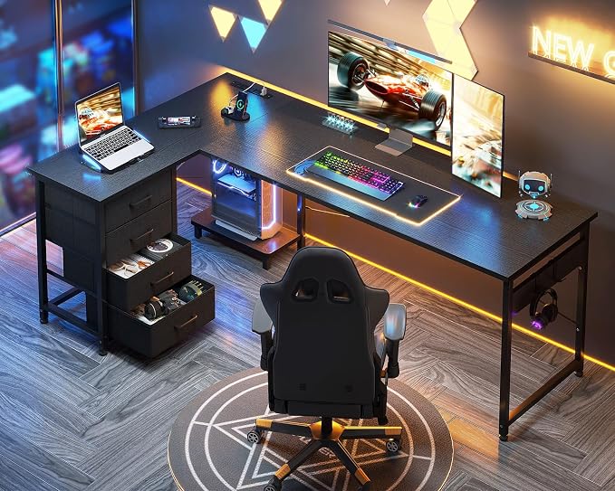 AODK 67" L Shaped Gaming Desk with 4 Drawers and Power Outlets, Black | USB Ports, PC Tower Stand, Hooks, Reversible Corner Layout for Gaming Rooms, Bedrooms and Home Office