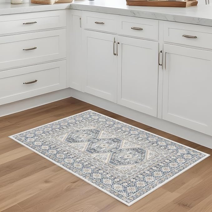 Washable Area Rug Non Slip - 2x3 Small Kitchen Boho Rug Vintage Entryway Low Pile Carpet for Doormat Blue (Blue, 2x3)