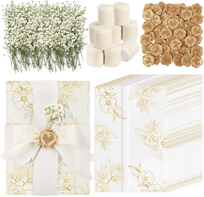Wedding Invitation Accessories Kit, Pre-Folded Vellum Jackets for 5×7 Invitations with Wax Seal Stickers, Ribbon & Dried Flowers, Elegant Wedding Invitation Accessories for DIY Bridal Invites (Gold-Rose, 100)