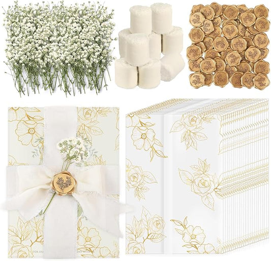 Wedding Invitation Accessories Kit, Pre-Folded Vellum Jackets for 5×7 Invitations with Wax Seal Stickers, Ribbon & Dried Flowers, Elegant Wedding Invitation Accessories for DIY Bridal Invites (Gold-Rose, 100)