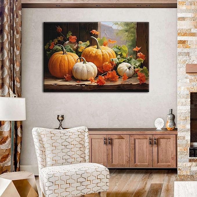 Vintage Pumpkin Canvas Wall Art Fall Pictures Halloween Maple Leaf Autumn Decor Thanksgiving Wall Prints Rustic Framed Wall Decor Modern Artwork for Living Room Kitchen Bedroom Home Decorations 32x48”