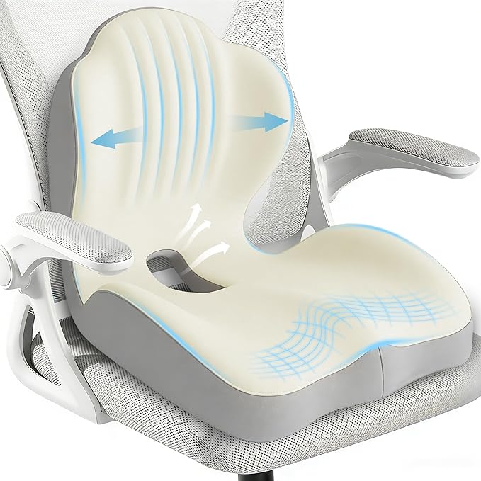 Seat Cushion for Office Chair Car, L-Shaped Ergonomic Seat Cushions,Memory Foam Orthopedic Cushion with Coccyx Hollow,Lumbar Support & Tailbone Pain Relief for Car, Truck, Gaming Chair,Beige & Gray