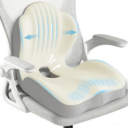 Seat Cushion for Office Chair Car, L-Shaped Ergonomic Seat Cushions,Memory Foam Orthopedic Cushion with Coccyx Hollow,Lumbar Support & Tailbone Pain Relief for Car, Truck, Gaming Chair,Beige & Gray