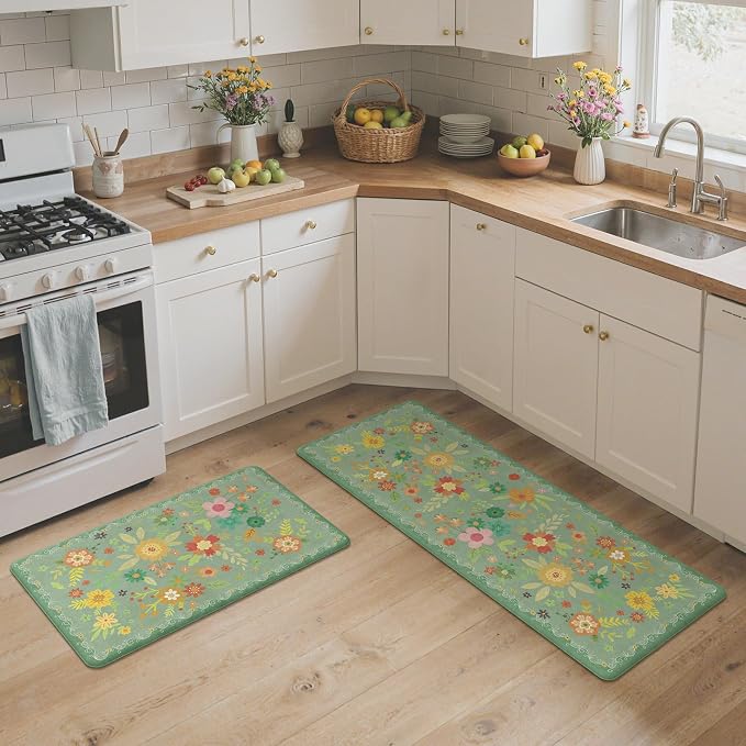 GENIMO Anti Fatigue Kitchen Mats for Floor 2PCS, Cushioned Standing Mats | 17.3"x47"&17.3"x30", Sage Green vintage floral rug set, waterproof, non slip, easy-clean for farmhouse