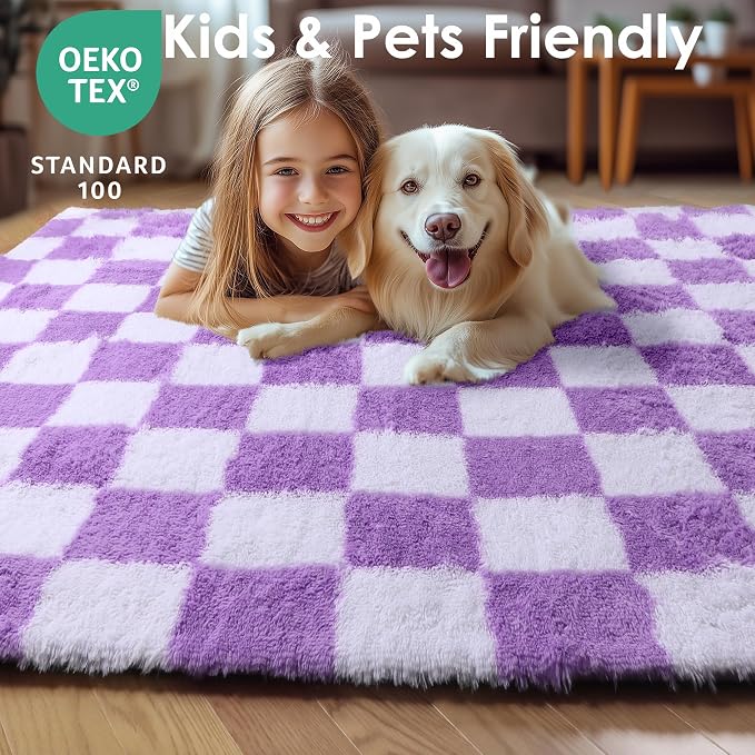 KICMOR Purple Rugs for Living Room Bedroom, 5x7 Fluffy Soft Checkered Area Rug Fuzzy Shag Shaggy Carpet, Indoor Furry Plush Floor Rugs for Kids Girls Boys Baby Teen Dorm Nursery Home Decor Aesthetic