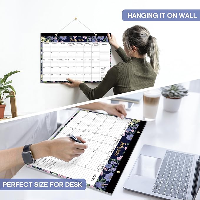 Desk Calendar 2026-2027, 18-Month Calendar Runs from July 2026 to December 2027, Large 17" x 12" Monthly Desktop & Wall Calendar for Home & Office - Midnight Garden