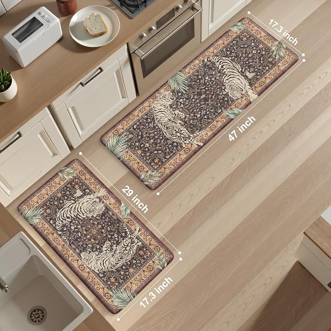KIMODE Anti Fatigue Kitchen Mats for Floor 2 Piece, Farmhouse Puce Red Kitchen Rugs, Cushioned Kitchen Floor Mats, Tiger Memory Foam Standing Desk Mats for Laundry Office Sink 17"x47"+17"x29"