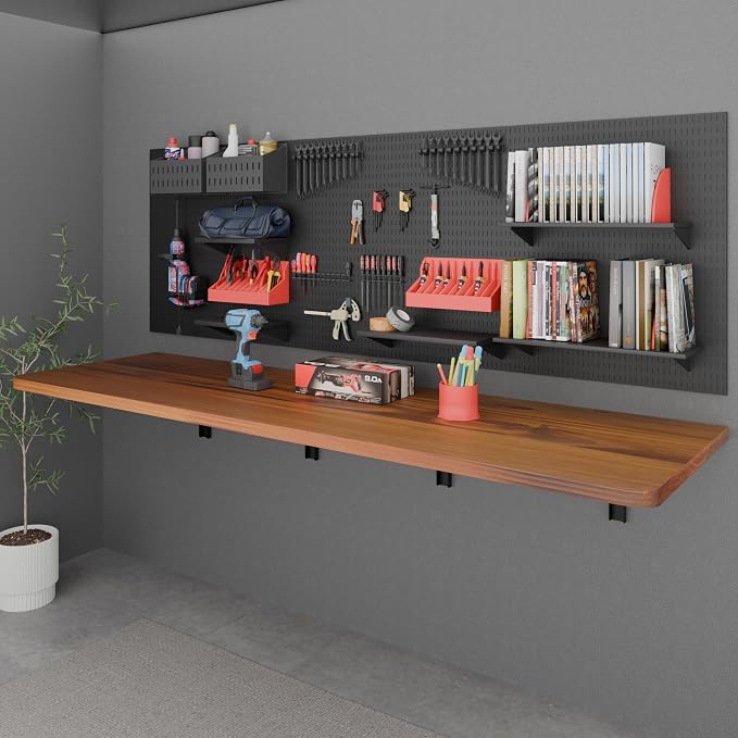 IAE Floating Wall Mounted Folding Table Desk with Pine Wood,72" x 22" Foldable Workbench,Fold Down Wall Mounted Foldable Desk with Shelf Brackets,Laundry Folding Table for Home,Dining,Kitchen,Teak