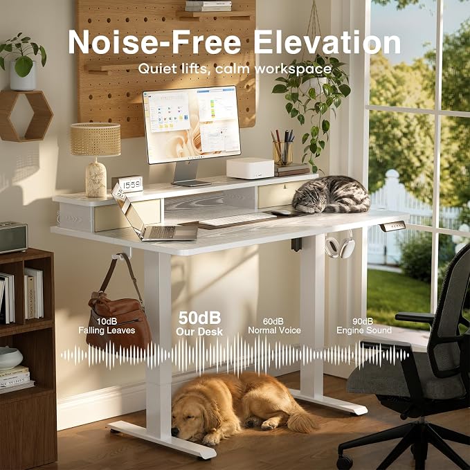 Veken 47x28 in Electric Standing Desk with Drawers, Adjustable Table, White | Stand up Computer Desk for Home Office, Work & Study, with Storage, 3 Memory Presets, Cable Organizer, Hook, and Quiet Lift.