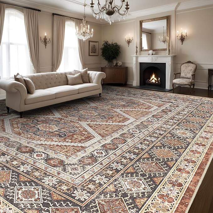 Large Rugs for Living Room: 10x14 Area Rugs Farmhouse Indoor Machine Washable Rug Non-Slip with Rubber Backed Oriental Carpets 10x14 Brick