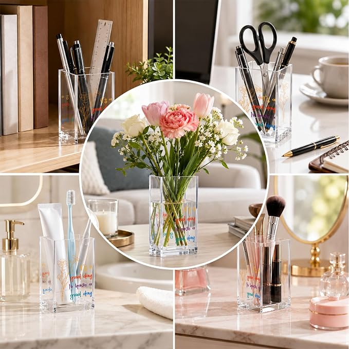Acrylic Pen Holder Cup, Inspirational Little Reminders Desk Decor, Positive Affirmations Pencil Holder Organizer, Mental Health Gift for Women Coworker Friend