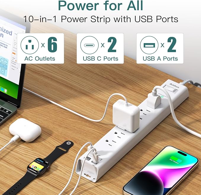 Addtam 25ft Extra Long Power Strip Surge Protector, 6 Outlets and 4 USB Ports (2 USB C), Ultra Flat Plug Wall Mount, Heavy Duty Extension Cord Charging Station for Large Room, Garage, Workshop