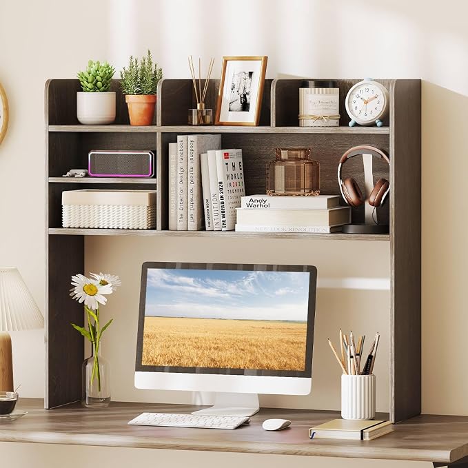 Tangkula Desktop Bookshelf for Computer Up to 32”, 37” Countertop Storage Hutch with 6 Storage Shelves, 3-Tier Desktop Organizer Display Rack, Wooden Desk Hutch for Dorm Home Office (Grey,6 Shelves)