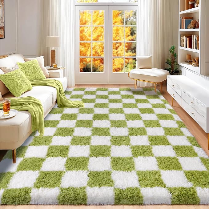 Checkered Rug for Bedroom 5x7, Ultra Fluffy Fuzzy Shag Area Rugs for Living Room, Anti-Skid Indoor High Pile Soft Rug Carpet for Living Room Bedroom Kids Room Nursery, Dorm Home Decor, Cream & Green