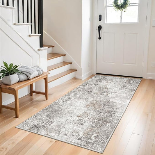 Washable 3x5 Entryway Rug - Non-Slip Soft Low-Pile Thin Small Area Rugs for Kitchen Bedroom Living Room Hallway – Modern Abstract Neutral Door mat Indoor（Beige Grey）