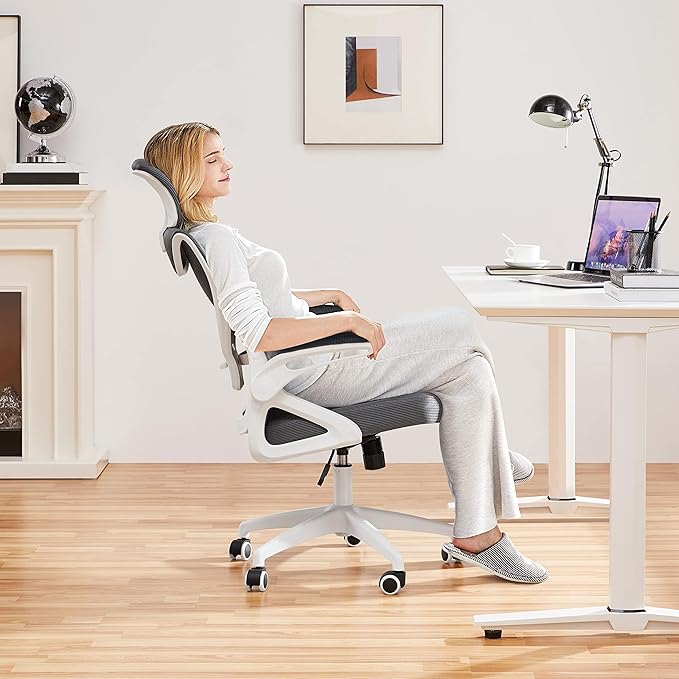 Yaheetech Ergonomic Mesh Office Chair, High Back Desk Chair with flip-up Armrests, Adjustable Padded Headrest Lumbar Support for Home Oiffce Game Room, White/Gray