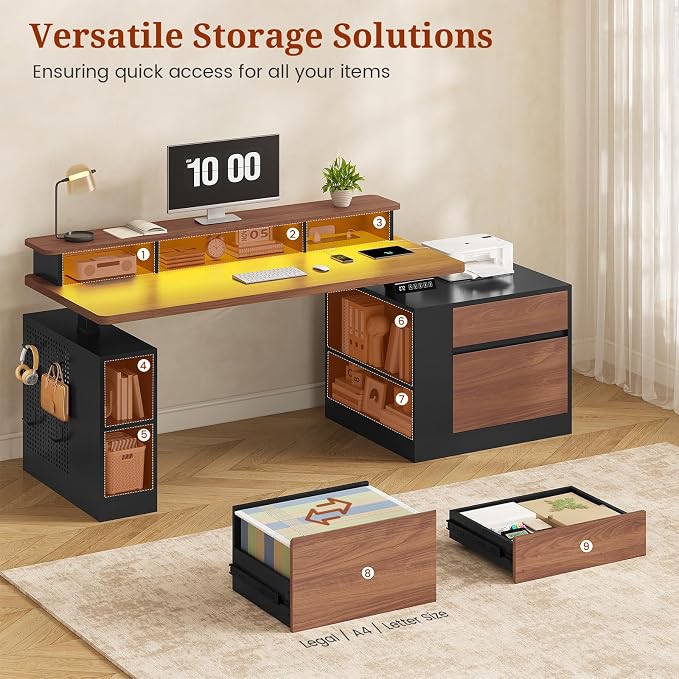 Standing Desk Adjustable Height, 70" Executive Electric Office Desk, Sit Stand Computer Desk with Storage Drawer, Power Outlets, Led Lights, Monitor Stand, Printer Space, Pegboard Black&Walnut