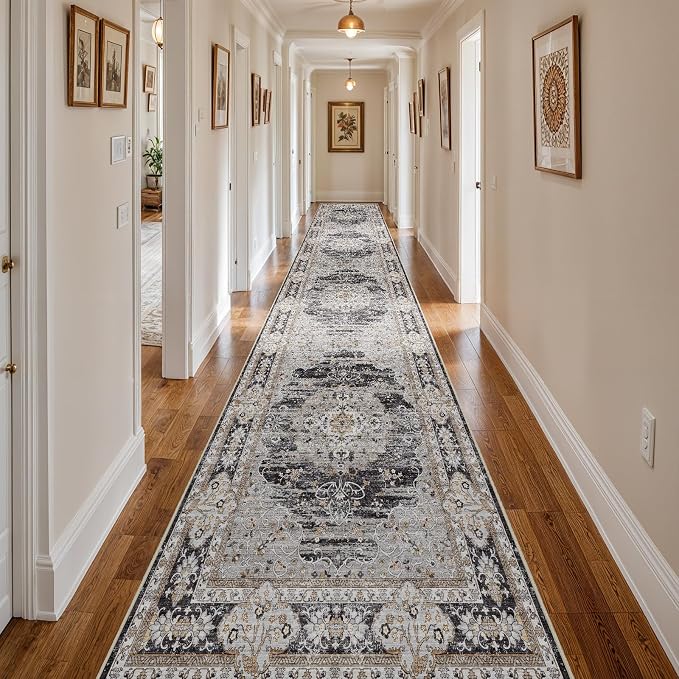 3x20 Runner Rug for Hallway Washable: Non Slip Kitchen Rugs with Rubber Backing Soft Waterproof Mats Stain Resistant Indoor Vintage Carpet Runner for Bedroom Bathroom Laundry Entryway Black/Gray