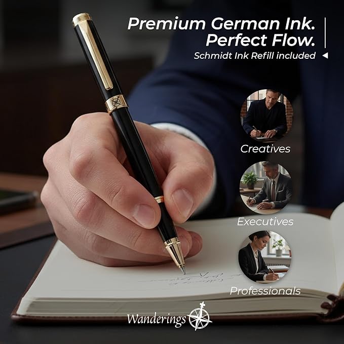 WANDERINGS Premium Rollerball Pen with German Ink – Perfectly Balanced for a Superb Writing Experience, 24K Gold Plated Black – Piano Black - Includes a Schmidt Refill in a Giftable Presentation Case