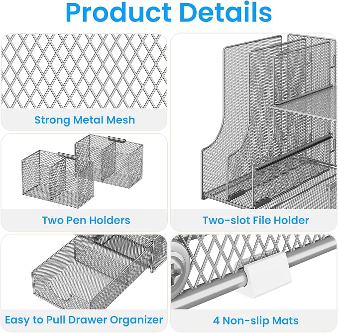 Lavatino Desk Organizer – 4-in-1 Silver Mesh Office Supplies Organizer with Pen Holder, File Holder, Desktop Tray, and Drawer for Home, Office, Classroom