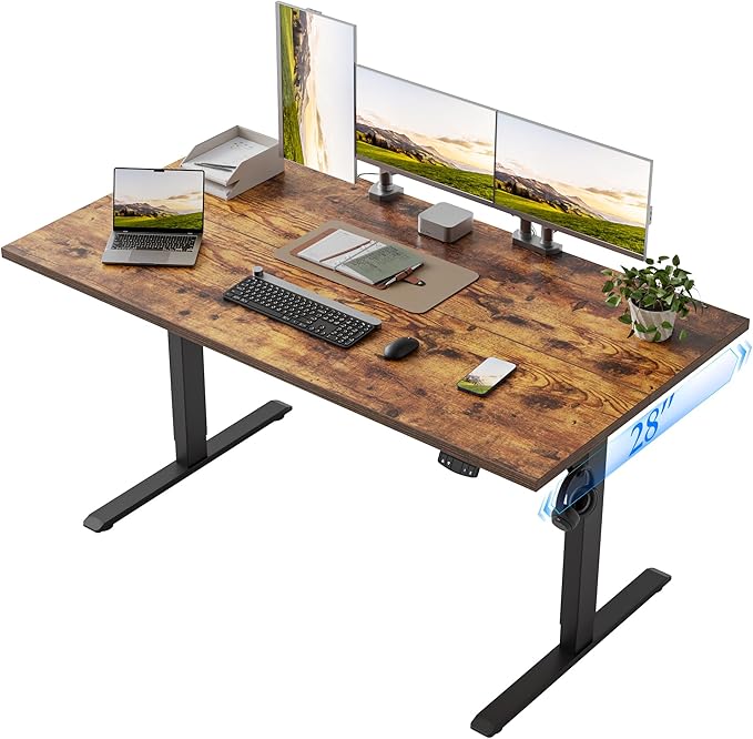 Klicelor 55 x 28 Electric Standing Desk, Sit Stand Up Home Office Desk, Height Adjustable Deep Cumputer Table with Memory Presets and Hooks, Two Pieces, Rustic Brown