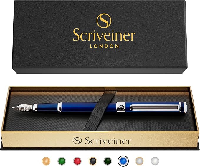 Scriveiner Midnight Blue Fountain Pen - Stunning Luxury Pen with Chrome Appointments, Schmidt Nib (Medium), Best Pen Gift Set for Men & Women, Professional, Executive, Office, Nice Pens