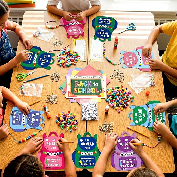 Cunno 1446 Pcs 36 Set Back to School DIY Bead Keychain Making Kit Key Chain Crafts Alphabet Bead Jewelry Key Ring Welcome First Day of School Gift Swaps Graduation Party Favors(Bright Cute)