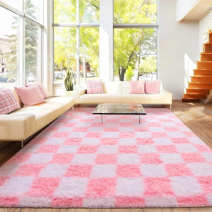 Area Rugs for Living Room Bedroom 9x12, Ultra Fluffy Shag Checkered Rug Modern Washable Carpet Soft Shaggy Non Slip Indoor Plush Fuzzy Rugs for Bedroom Dorm Office Home Aesthetic Decor, Pink and White