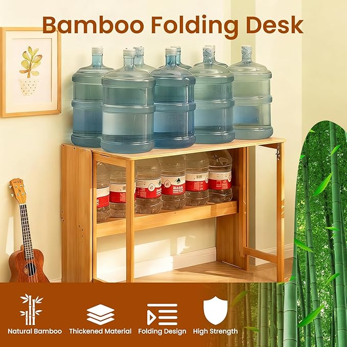 41" Bamboo Folding Desk with Bookshelf, Folding Bamboo Desk for Small Spaces, Computer Table Space Saving, Wooden Desks for Home Bedroom Study Office Bamboos Writing Desks, Primary