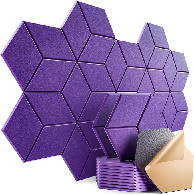 12 Pack Self-Adhesive Acoustic Panels 12" X 10" X 0.4" - Sound Proof Foam Panels with High Density, Y-Lined Design, Flame Resistant, Absorb Noise and Eliminate Echoes(Purple)