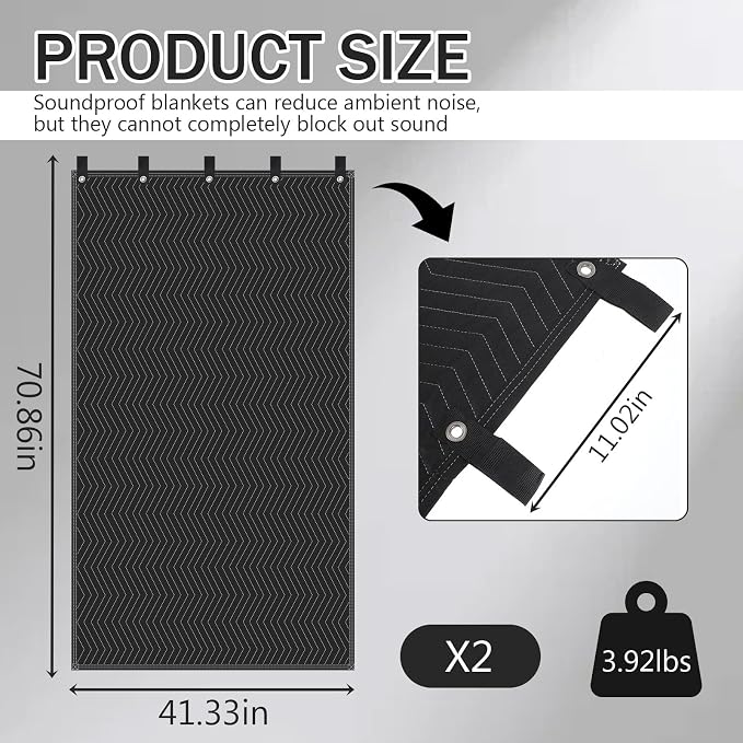 2 Pack Large Sound Dampening Blanket, 70" x 41" Acoustic Noise Reducing Curtain with Grommets, Heavy Duty Polyester Sound Absorbing Panel for Home Studio, Door, Window & Musical Instruments