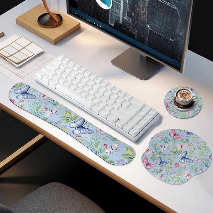 Ergonomic Keyboard Mouse Pad Wrist Rest Support Set for Laptop/Computer/Desktop,Memory Foam Hand Rest Wrist Cushion for Gaming/Office,Lightweight Comfortable & Pain Relief (Butterflies)