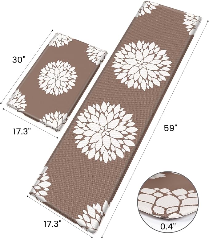 2PCS Kitchen Mats for Floor, Anti Fatigue Non-slip Larger Khaki Rug | Soft Kitchen Rugs for Home, Cushioned Standing Desk Mat, Comfort Mat for Office, Sink, Laundry, 17.3" x 59" + 17.3" x 30"