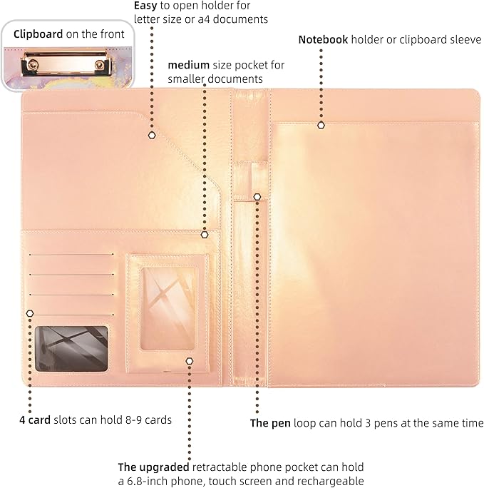 Leather Portfolio Binder Folder Storage Clipboard Pink Padfolio for School Side Straps Document Organizer