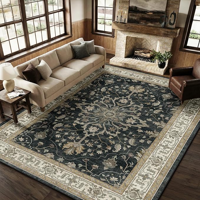 RELEANY Area Rugs Large 9'x12' Washable Non-Slip, Floral Vintage Distress Medallion Carpet for Living Room Bedroom Dining Room, Vintage Black Brown Neutral